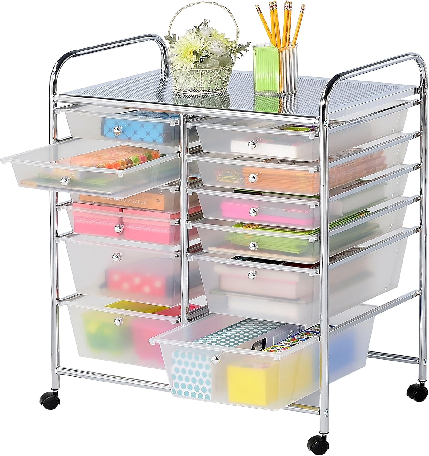 image:imageFinnhomy 12 Drawer Rolling Cart OrganizerStorage Cart with Drawers Utility Cart for School Office Home Beauty Salon Storage SemiTransparent White