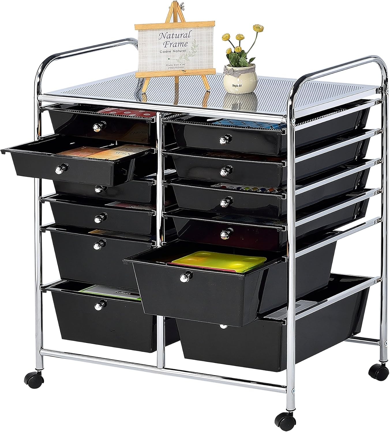 image:imageFinnhomy 12Drawer Plastic Portable Mobile Organizer MultiPurpose Utility Double Rolling Storage Cart Bright Chrome Metal Frame and Smoke Drawer Studio Trolley
