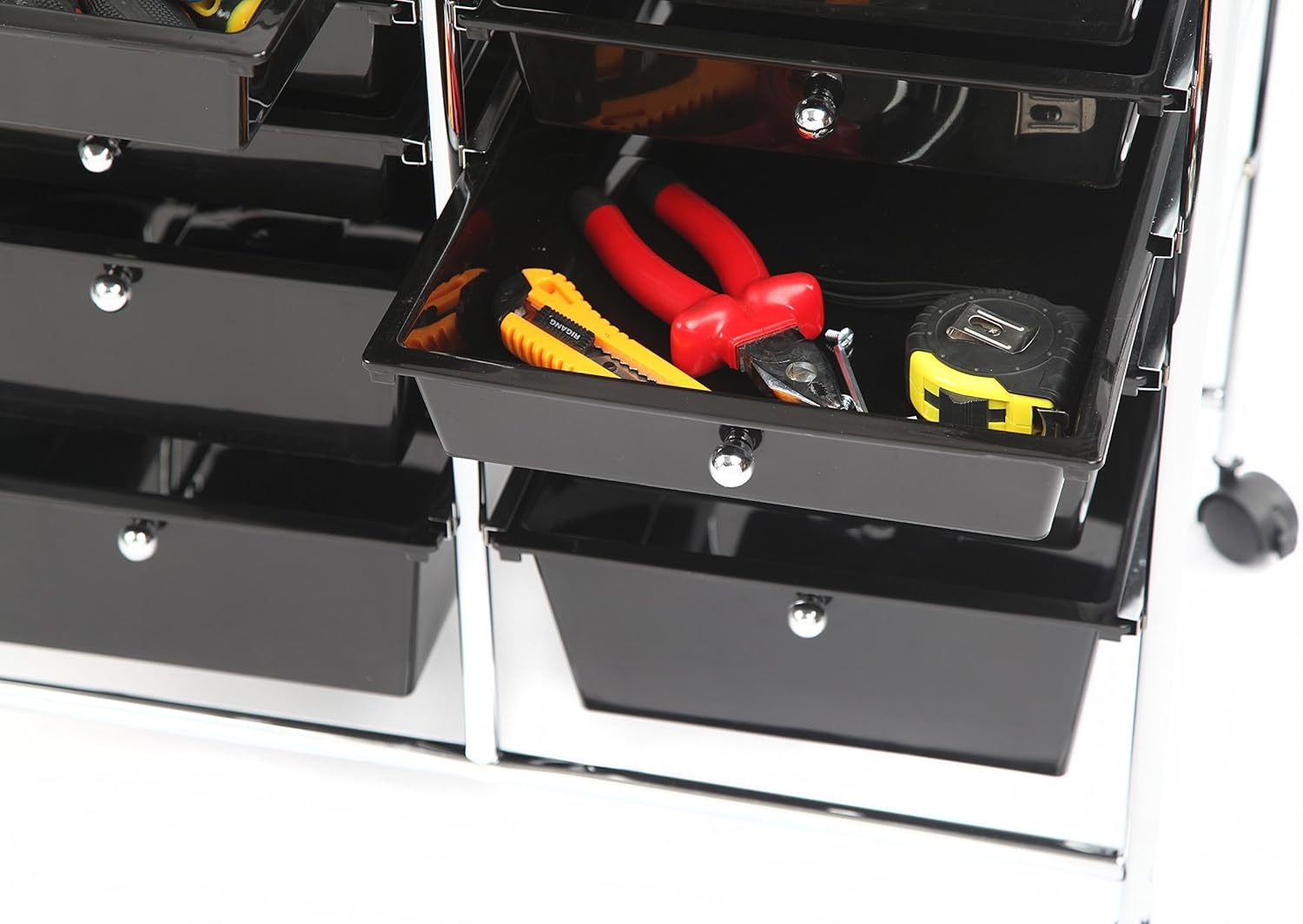 image:imageFinnhomy 12Drawer Plastic Portable Mobile Organizer MultiPurpose Utility Double Rolling Storage Cart Bright Chrome Metal Frame and Smoke Drawer Studio Trolley