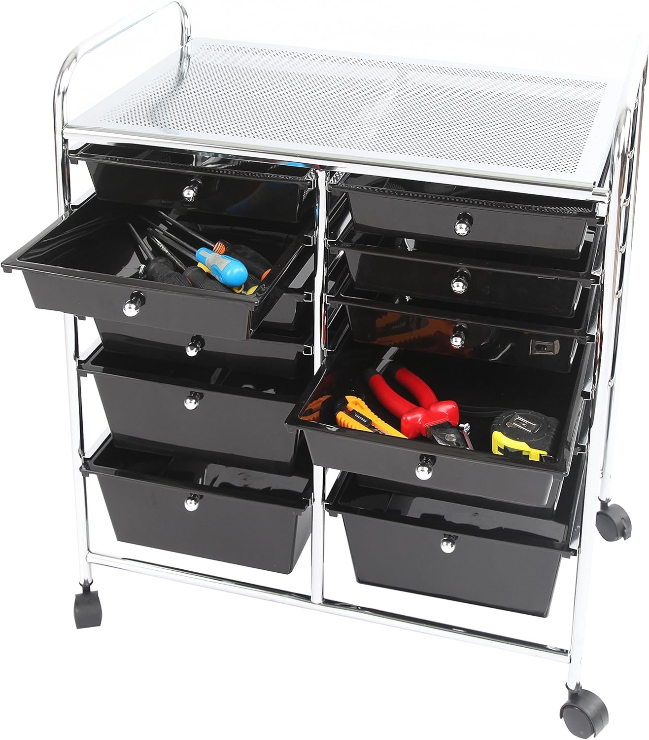 image:imageFinnhomy 12Drawer Plastic Portable Mobile Organizer MultiPurpose Utility Double Rolling Storage Cart Bright Chrome Metal Frame and Smoke Drawer Studio Trolley
