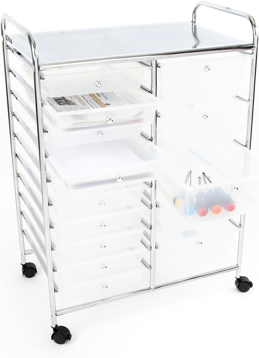 image:imageFinnhomy 15 Drawer Rolling Cart Organizer Storage Cart with Drawers Utility Cart for School Office Home Beauty Salon Storage SemiTransparent White