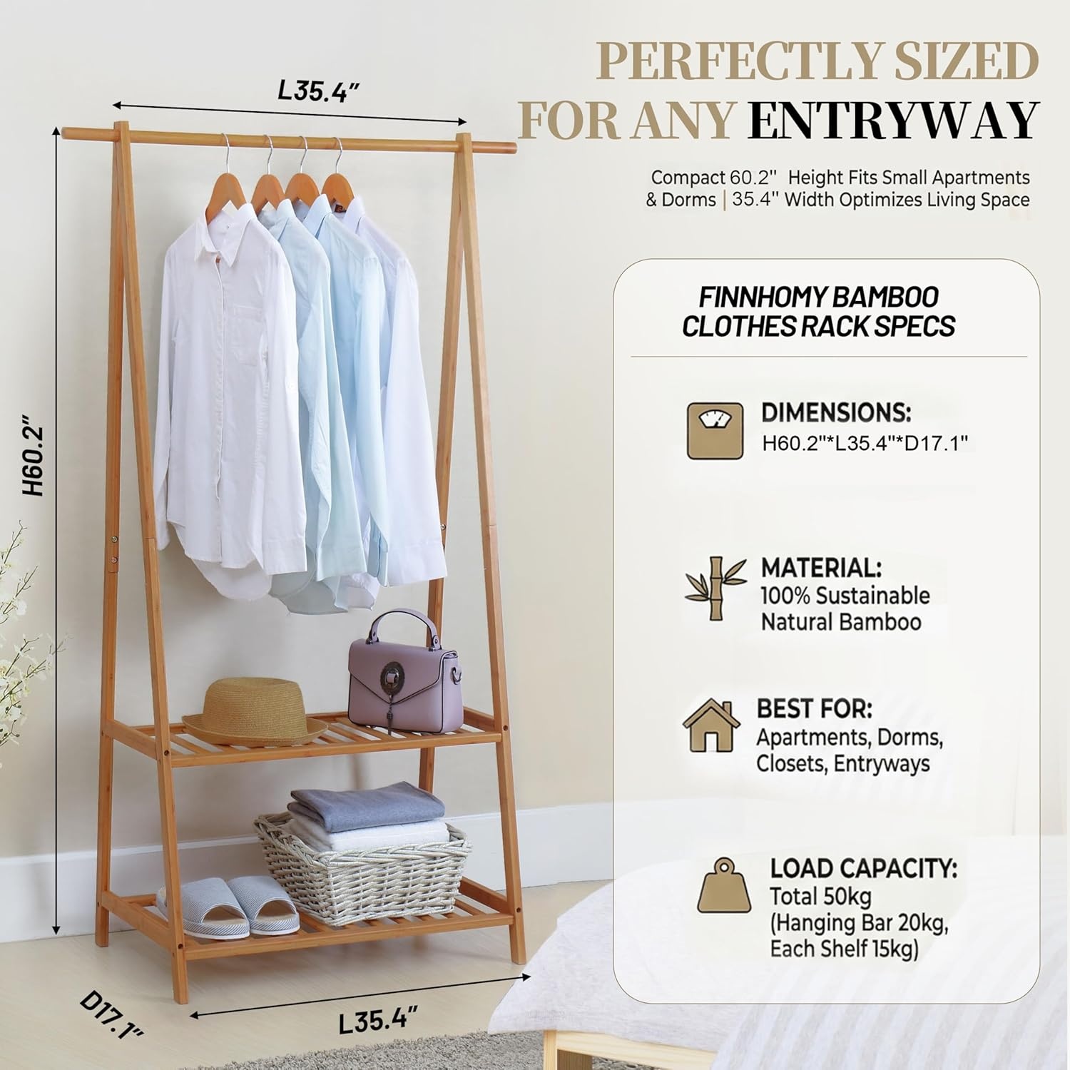 image:imageFinnhomy Bamboo Clothes Rack Portable Extra Large Garment Rack 2Tire Storage Box Shelves For Entryway and Bed Room Patented Designbamboo