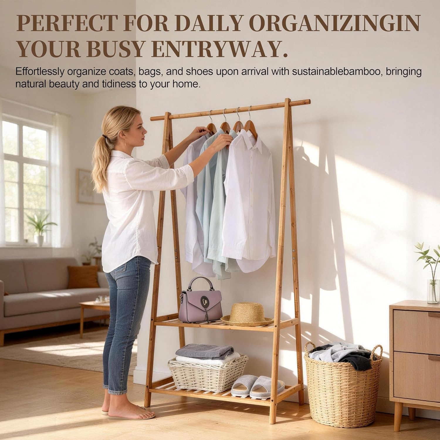 image:imageFinnhomy Bamboo Clothes Rack Portable Extra Large Garment Rack 2Tire Storage Box Shelves For Entryway and Bed Room Patented Designbamboo