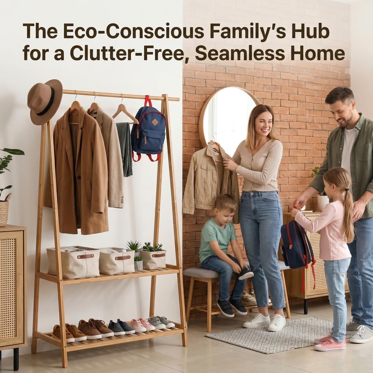 image:imageFinnhomy Bamboo Clothes Rack Portable Extra Large Garment Rack 2Tire Storage Box Shelves For Entryway and Bed Room Patented Designbamboo