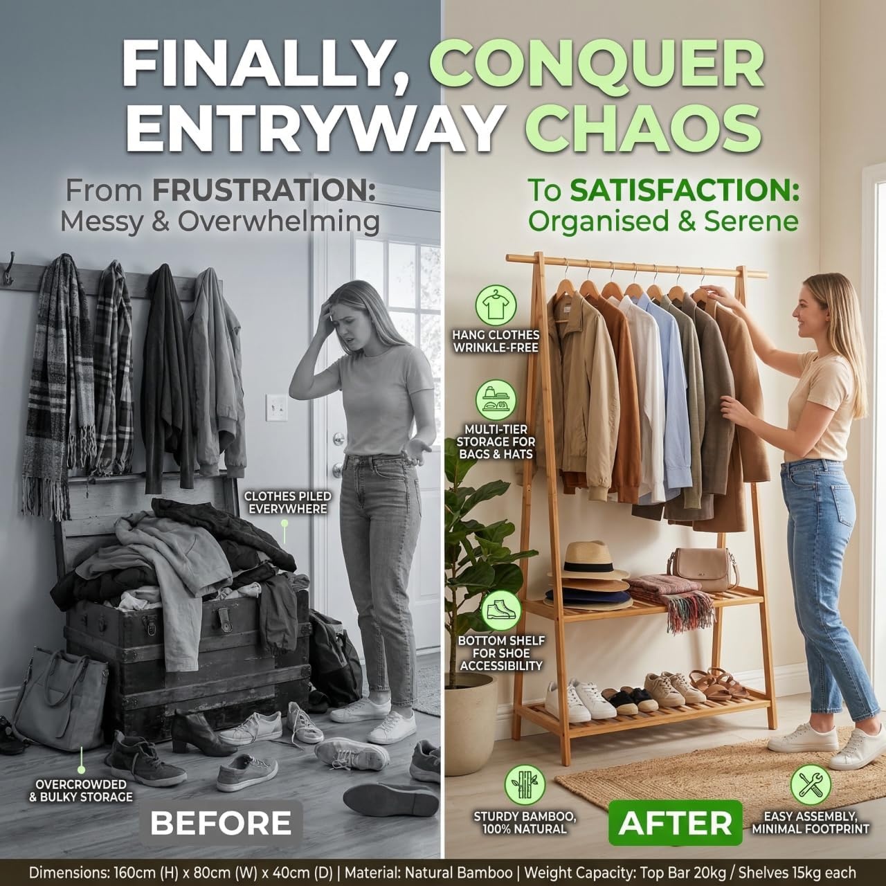 image:imageFinnhomy Bamboo Clothes Rack Portable Extra Large Garment Rack 2Tire Storage Box Shelves For Entryway and Bed Room Patented Designbamboo