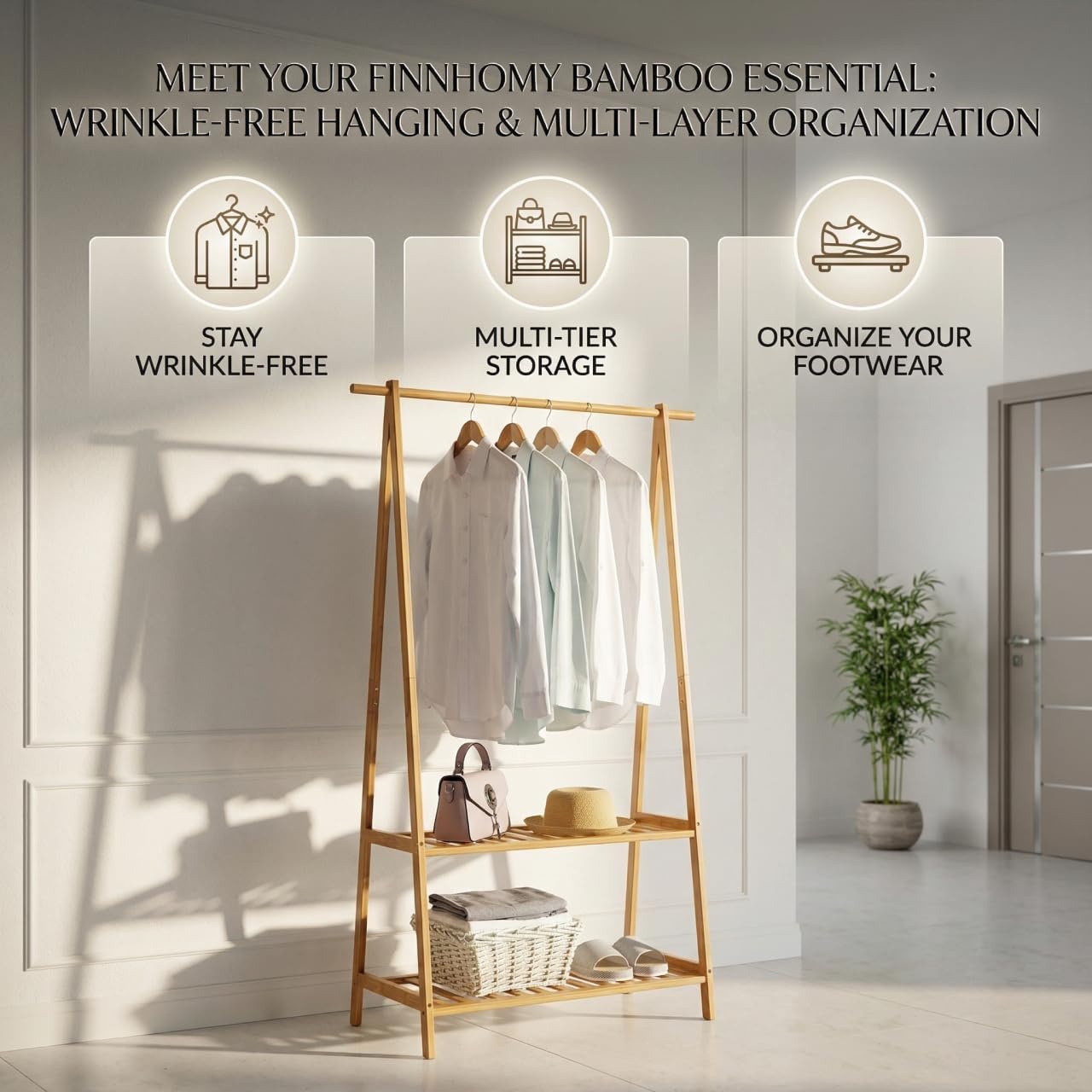 image:imageFinnhomy Bamboo Clothes Rack Portable Extra Large Garment Rack 2Tire Storage Box Shelves For Entryway and Bed Room Patented Designbamboo