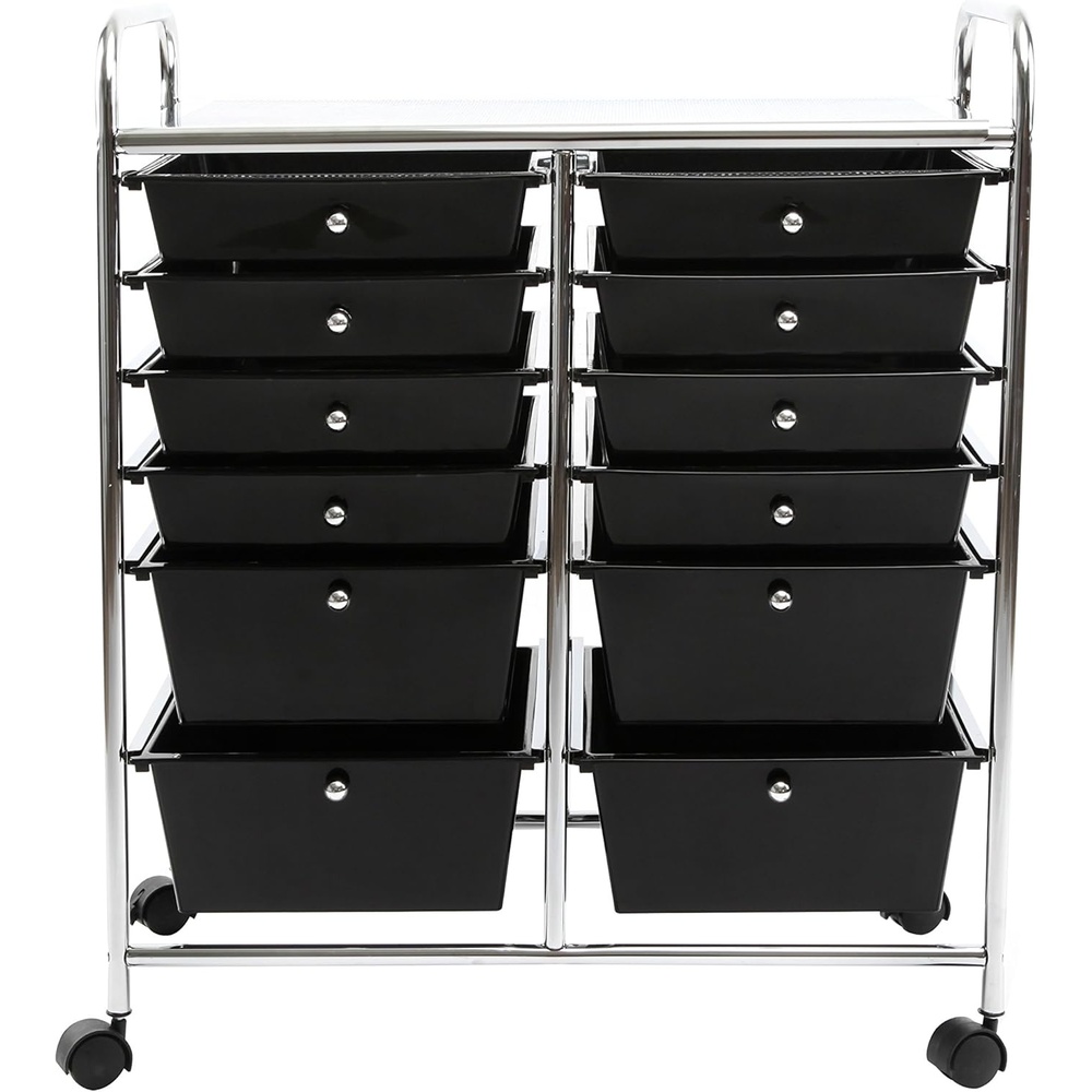 image:imageFinnhomy 12Drawer Plastic Portable Mobile Organizer MultiPurpose Utility Double Rolling Storage Cart Bright Chrome Metal Frame and Smoke Drawer Studio Trolley