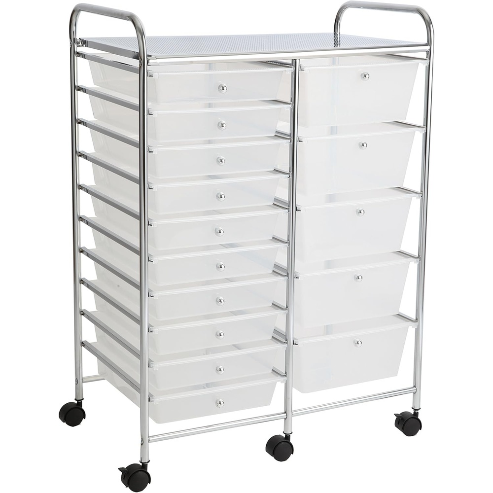 image:imageFinnhomy 15 Drawer Rolling Cart Organizer Storage Cart with Drawers Utility Cart for School Office Home Beauty Salon Storage SemiTransparent White