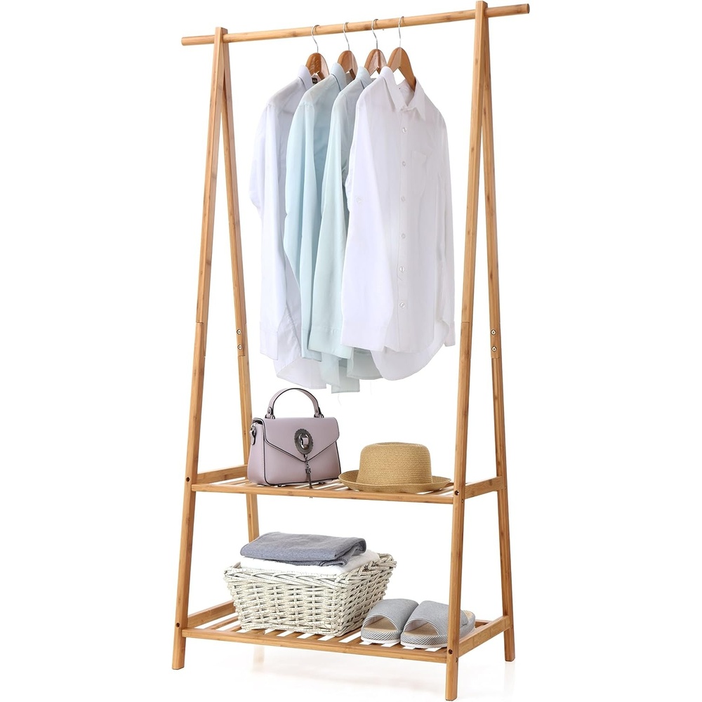 image:imageFinnhomy Bamboo Clothes Rack Portable Extra Large Garment Rack 2Tire Storage Box Shelves For Entryway and Bed Room Patented Designbamboo