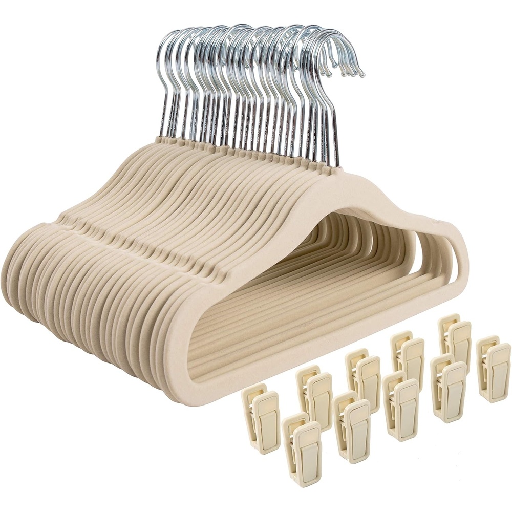 image:imageFinnhomy NonSlip Clothes Hangers for Baby and Kids 30Pack Velvet Hangers with 10 Finger Clips GrayBeige