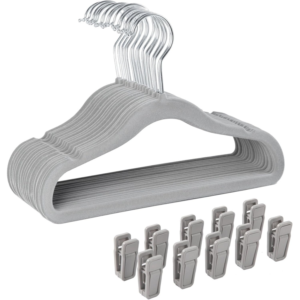 image:imageFinnhomy NonSlip Clothes Hangers for Baby and Kids 30Pack Velvet Hangers with 10 Finger Clips GrayGray