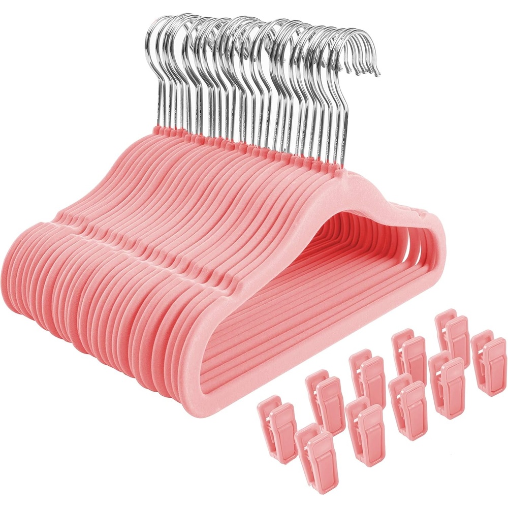 image:imageFinnhomy NonSlip Clothes Hangers for Baby and Kids 30Pack Velvet Hangers with 10 Finger Clips GrayLight Pink