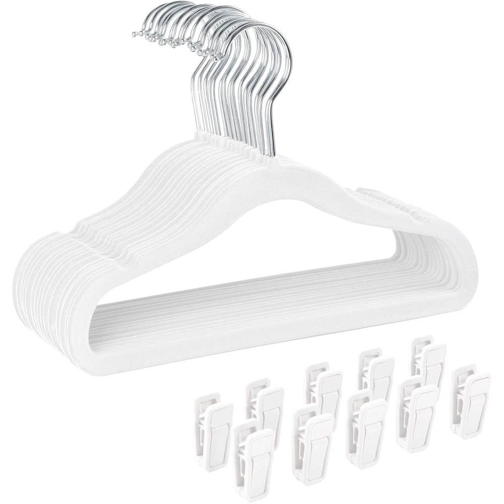 image:imageFinnhomy NonSlip Clothes Hangers for Baby and Kids 30Pack Velvet Hangers with 10 Finger Clips GrayWhite