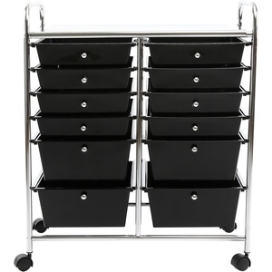 image:imageFinnhomy 12Drawer Plastic Portable Mobile Organizer MultiPurpose Utility Double Rolling Storage Cart Bright Chrome Metal Frame and Smoke Drawer Studio Trolley