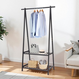 image:imageFinnhomy Bamboo Clothes Rack Portable Extra Large Garment Rack 2Tire Storage Box Shelves For Entryway and Bed Room Patented DesignBlack