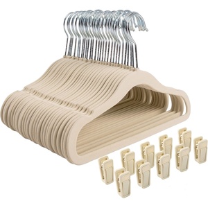 image:imageFinnhomy NonSlip Clothes Hangers for Baby and Kids 30Pack Velvet Hangers with 10 Finger Clips GrayBeige