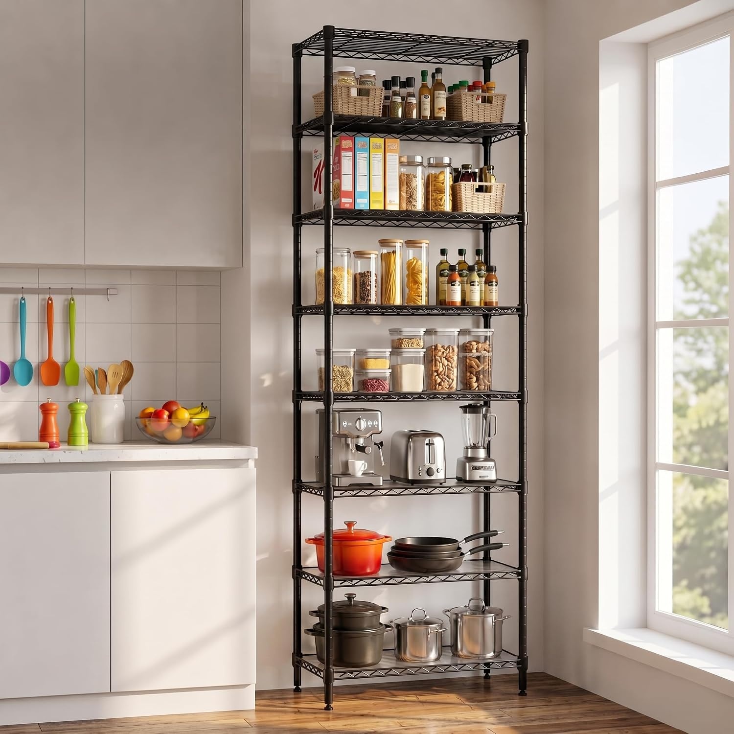 image:imageFinnhomy 6Tier Wire Shelving Unit Adjustable Steel Wire Rack Shelving 6 Shelves Steel Storage Rack or Two 3 Tier Shelving Units with PE mat and Stable Leveling Feet NSF Certified ChromeBlack