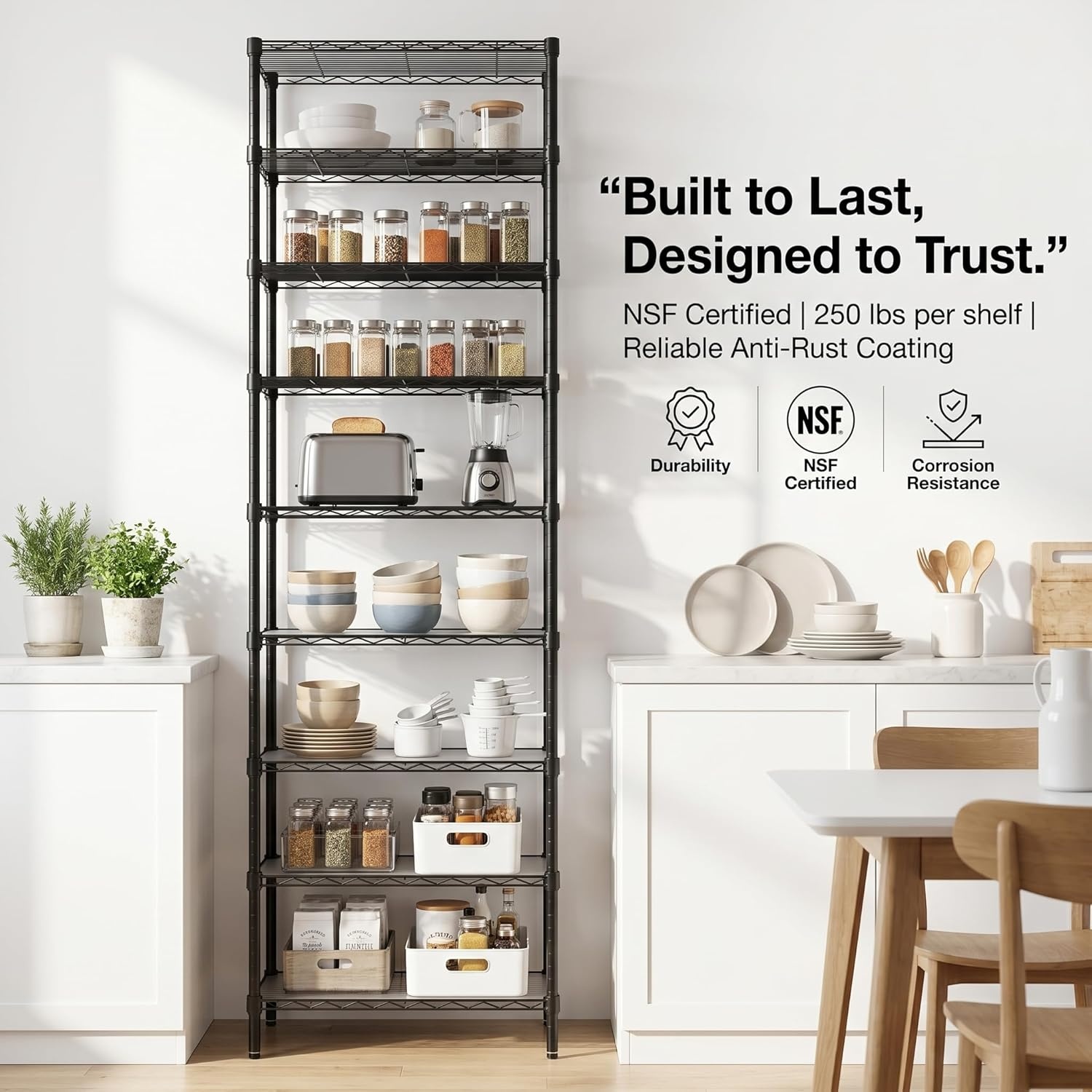 image:imageFinnhomy 6Tier Wire Shelving Unit Adjustable Steel Wire Rack Shelving 6 Shelves Steel Storage Rack or Two 3 Tier Shelving Units with PE mat and Stable Leveling Feet NSF Certified ChromeBlack