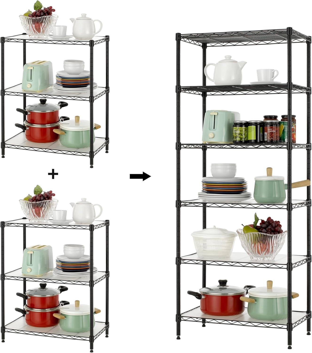 image:imageFinnhomy 6Tier Wire Shelving Unit Adjustable Steel Wire Rack Shelving 6 Shelves Steel Storage Rack or Two 3 Tier Shelving Units with PE mat and Stable Leveling Feet NSF Certified ChromeBlack