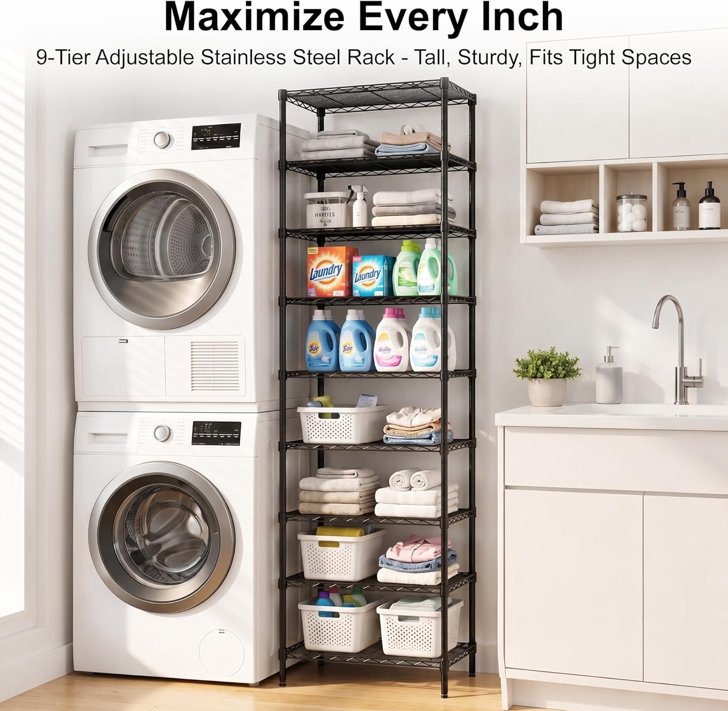 image:imageFinnhomy 6Tier Wire Shelving Unit Adjustable Steel Wire Rack Shelving 6 Shelves Steel Storage Rack or Two 3 Tier Shelving Units with PE mat and Stable Leveling Feet NSF Certified ChromeBlack